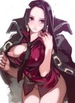  aoin black_eyes black_hair blush boa_hancock bottomless breasts coat earrings jewelry large_breasts long_hair necktie nipple_slip nipples one_piece solo 