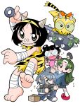  4girls \m/ animal_print aqua_sleeve_cuffs aqua_sleeves bandage_on_nose bandaged_arm bandaged_leg bandages barefoot beans black_hair black_outline black_tail blue_pants blue_sky blue_suit blunt_bangs blunt_ends bow branch bright_pupils character_request child closed_mouth club_(weapon) collar collared_shirt colored_sclera cub curtained_hair double_bun dress dual_wielding fish full_body green_eyes green_hair green_sclera grey_eyes grey_footwear grey_hair grey_sleeves grin gun hair_bun headband holding holding_club holding_gun holding_weapon horizontal-striped_sleeves kanabou layered_sleeves long_hair long_sleeves looking_at_viewer mamemaki masu mukku_(mook-tv) multiple_girls official_art oni_costume open_mouth orange_bow outline pants pencil_skirt pink_collar pink_shirt pink_sleeves print_dress red_footwear ribbon_kotora rimless_eyewear round_eyewear second-party_source setsubun shirt shoes short_hair short_over_long_sleeves short_sleeves sidelocks simple_background skirt skirt_suit sky sleeveless sleeveless_dress small_pupils smile sneakers soybean spiked_club straight_hair striped_clothes striped_dress striped_fur striped_sleeves striped_tail suit tail teeth tiger tiger_print toes tora_da_yo. torami_(toranoana) toranoana v-shaped_eyebrows very_short_hair weapon weapon_request white_background white_headband white_outline white_pupils white_shirt white_sleeves yellow_dress yellow_fur yellow_tail 