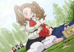 2boys 3girls absurdres anger_vein angry blue_hair blush breasts brown_eyes brown_hair clenched_hand clenched_teeth commentary_request gakuran glasses gundam gundam_build_fighters gundam_build_fighters_try high-waist_skirt highres hoshino_fumina jealous kamiki_mirai kamiki_sekai kousaka_yuuma lap_pillow large_breasts multiple_boys multiple_girls pantyhose peeking photoshop_(medium) picnic_basket red_hair revision sazaki_kaoruko school_uniform signature skirt sleeping teeth twintails yoshinaga_masahiro 
