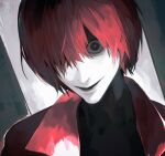  1boy coat dilated_pupils hair_over_one_eye highres homicipher looking_at_viewer male_focus mr._scarletella portrait red_coat red_eyes red_hair short_hair solo yonq98 