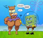anthro bikini biped breasts brown_body clothed clothing crossed_arms dialogue duo eyelashes female fur hi_res huge_thighs joaoppereiraus mammal marine nickelodeon pupils rodent sandy_cheeks sciurid sea_sponge slightly_chubby slightly_chubby_anthro slightly_chubby_female smile speech_bubble spongebob_squarepants spongebob_squarepants_(character) swimwear text thick_thighs tree_squirrel two-piece_swimsuit wide_hips yellow_body