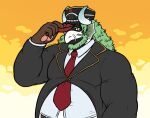 ambiguous_gender anthro belly clothing dark_clothing dragon dynogreeno facial_hair formal_clothing formal_wear green_hair hair hat headgear headwear hi_res horn leaf muscular mythological_creature mythological_scalie mythology reptile scalie solo