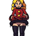  1girl aliasing blonde_hair blue_eyes blush blush_stickers capcom dress dress_lift kalinka_cossack looking_at_viewer lowres mega_man no_panties noill rockman simple_background smile solo thighhighs uncensored white_background 