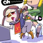  1girl ahegao beak blonde_hair blush cum cumdrip doggystyle dress dress_lift heart hetero link medli minus8 open_mouth ponytail red_eyes red_hair rito sex the_legend_of_zelda tongue tongue_out toon_link 