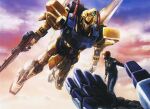  2boys aeug amuro_ray beam_rifle cable carrying cloud commentary energy_gun english_commentary fake_screenshot flying gundam gundam_mk_ii hyaku_shiki jacket kudou_ryou machinery mecha mecha_pilot_suit military_uniform mobile_suit multiple_boys official_art open_hatch painting_(medium) pilot promotional_art quattro_bajeena radio_antenna realistic red_hair retro_artstyle riding robot roundel scan science_fiction spacesuit spoilers third-party_source traditional_media weapon zeta_gundam 