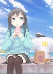  1girl asashio_(kancolle) bag beach black_hair black_thighhighs blue_eyes blue_sky blue_sweater cloud day drink feet_out_of_frame gotou_hisashi grey_skirt hood hooded_sweater horizon i-class_destroyer kantai_collection kuchiku_i-kyuu long_hair ocean outdoors paper_bag pleated_skirt sideways_glance skirt sky sweater thighhighs 