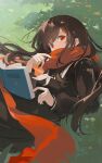  1girl absurdres black_hair black_serafuku black_shirt black_skirt blue_sailor_collar book covered_mouth dappled_sunlight hair_ornament hairclip hand_up highres holding holding_pen kagerou_project long_hair long_sleeves looking_at_viewer lying neckerchief on_grass on_side open_book pen pleated_skirt red_eyes red_scarf sailor_collar scarf scarf_over_mouth school_uniform serafuku shirt skirt solo su_ran_(bilibili_18604428) sunlight tateyama_ayano tree_shade upper_body white_neckerchief 