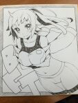  1girl braid breasts commentary_request cowboy_shot dutch_angle gundam gundam_build_fighters hoshino_fumina jacket large_breasts midriff monochrome nagy navel off_shoulder photo_(medium) ponytail shorts smile solo sports_bra traditional_media 