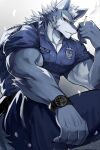 2024 2:3 anthro blue_body blue_fur canid canine canis chung0_0 cigarette clock clothing countershade_arms countershade_face countershade_neck countershading fur hi_res holding_cigarette holding_object male mammal multicolored_body multicolored_fur muscular muscular_anthro muscular_male police police_badge police_officer police_uniform red_eyes sitting sitting_on_ground smoke smoking smoking_cigarette solo uniform watch white_body white_fur wolf