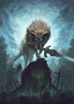  animal artist_name commentary dark_souls_(series) dark_souls_i english_commentary great_grey_wolf_sif greatsword grey_wolf highres holding holding_sword holding_weapon looking_at_viewer mouth_hold no_humans oversized_animal planted planted_sword sword tombstone warhuan weapon weapon_in_mouth wolf 