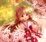  blush bow brown_eyes brown_hair cherry_blossoms hair_bow hakama idolmaster idolmaster_cinderella_girls idolmaster_cinderella_girls_starlight_stage japanese_clothes long_hair looking_at_viewer open_mouth ponytail sally_(pacch0614) solo very_long_hair yorita_yoshino 