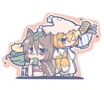  animal_ears blonde_hair blue_eyes bowl brown_eyes brown_hair chibi cup fox_tail futatsuiwa_mamizou glasses gourd hat kitsune_udon leaf leaf_on_head looking_back multiple_girls multiple_tails one_eye_closed ooyama_bokuchi pince-nez raccoon_ears raccoon_tail sitting tabard tail touhou udon yakumo_ran yunomi 