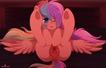  2017 anus blue_eyes blush dock equine fan_character feathered_wings feathers female feral gaping gaping_pussy hair hooves legs_up long_hair mammal momomistress multicolored_hair multicolored_tail my_little_pony one_eye_closed open_mouth pegasus presenting presenting_anus presenting_pussy puffy_anus pussy pussy_juice solo spread_wings underhoof wings 