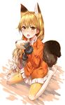  animal_ears bangs black_gloves blazer blonde_hair blush bow bowtie brown_eyes brown_gloves extra_ears eyebrows_visible_through_hair ezo_red_fox_(kemono_friends) flying_sweatdrops fox_ears fox_girl fox_tail fur-trimmed_sleeves fur_trim game_console gloves gradient gradient_legwear hair_between_eyes hair_flaps handheld_game_console hands_up holding_handheld_game_console jacket japari_symbol kaerunoko kemono_friends long_hair long_sleeves looking_at_viewer miniskirt no_shoes open_mouth orange_jacket orange_legwear pantyhose pleated_skirt pocket sitting skirt solo tail thighhighs very_long_hair wariza white_bow white_legwear white_neckwear white_skirt yellow_legwear 