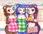  2018 alfa995 animal_crossing anthro apron black_nose blush breasts cleavage clothed clothing convenient_censorship crossed_arms dialogue digital_media_(artwork) english_text eulipotyphlan eyelashes eyeshadow female freckles group hands_behind_back hedgehog labelle_able looking_at_viewer mabel_able makeup mammal naked_apron navel nintendo one_eye_closed open_mouth open_smile sable_able sibling sisters smile text video_games wink 