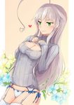  ahoge bad_id bad_pixiv_id beige_background blush bow bow_panties breasts closed_mouth eyebrows_visible_through_hair floral_background from_side garter_straps green_eyes grey_hair grey_sweater groin haiyore!_nyaruko-san hands_on_own_chest heart highres huge_ahoge long_hair medium_breasts meme_attire no_pants nyarlathotep_(nyaruko-san) open-chest_sweater panties powhway ribbed_sweater sleeves_past_wrists smile solo sweater thighhighs underwear very_long_hair white_legwear white_panties 