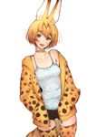  alternate_costume animal_ears bare_shoulders black_shorts blonde_hair blush bow bowtie eyebrows_visible_through_hair hands_in_pockets head_tilt hood hoodie kemono_friends looking_at_viewer open_clothes open_hoodie open_mouth serval_(kemono_friends) serval_ears serval_print serval_tail short_hair short_shorts shorts simple_background skindentation smile solo standing tail tank_top thighhighs tsukino_wagamo unzipped white_background 