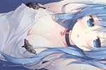  artist_name bangs black_bra blue_eyes blue_hair blush bra breasts choker cleavage commentary_request copyright_name emori_miku emori_miku_project eyebrows_visible_through_hair heart heart_choker large_breasts long_hair looking_at_viewer miko_92 parted_lips see-through sideways solo tank_top torn_clothes underwear watermark wet 