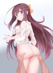  angry ass ass_grab bangs bow breasts covered_nipples cowboy_shot fundoshi hair_bow half_updo highres japanese_clothes kamikaze_(kantai_collection) kantai_collection konnyaku_(kk-monmon) long_hair medium_breasts purple_eyes purple_hair solo_focus very_long_hair yamakasa yellow_bow 