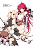  ahoge aqua_eyes armor armpits belt blonde_hair braid broken_armor chain cross gloves isizuaki knight knight_(ragnarok_online) long_hair lord_knight multiple_girls ragnarok_online red_eyes red_hair skirt sword torn_clothes weapon 