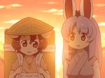  animal_ears backpack bag brown_hair bunny_ears carrot_necklace cloud commentary_request dress eyebrows_visible_through_hair hat inaba_tewi japanese_clothes kemono_friends long_hair long_sleeves looking_at_another looking_at_viewer multiple_girls open_mouth parody pink_dress purple_hair red_eyes reisen_udongein_inaba shirosato short_hair short_sleeves smile style_parody sunset sweat tatsuki_(irodori)_(style) touhou wavy_mouth 