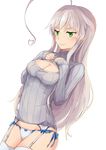  ahoge bad_id bad_pixiv_id blush bow bow_panties breasts closed_mouth eyebrows_visible_through_hair from_side garter_straps green_eyes grey_hair grey_sweater groin haiyore!_nyaruko-san hands_on_own_chest heart highres huge_ahoge long_hair medium_breasts meme_attire no_pants nyarlathotep_(nyaruko-san) open-chest_sweater panties powhway ribbed_sweater simple_background sleeves_past_wrists smile solo sweater thighhighs underwear very_long_hair white_background white_legwear white_panties 