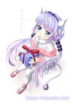  bangs beads blue_eyes blunt_bangs blush box capelet dragon_girl dragon_horns dress gift gift_box hair_beads hair_ornament hairband highres horns kanna_kamui kobayashi-san_chi_no_maidragon lavender_hair long_hair looking_at_viewer parsue solo tail thighhighs twintails white_legwear 