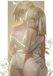  artoria_pendragon_(all) ass ass_grab ass_visible_through_thighs blonde_hair breast_grab breasts collarbone deep_skin fate/grand_order fate_(series) flower grabbing groin hand_on_another's_hip highres jeanne_d'arc_(alter)_(fate) jeanne_d'arc_(fate)_(all) large_breasts lily_(flower) looking_at_viewer looking_back multiple_girls naked_towel nanaya_(daaijianglin) saber_alter shiny shiny_hair short_hair sidelocks smile thigh_gap towel wet yellow_eyes yuri 
