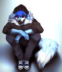 5_fingers ambiguous_gender angiewolf anthro black_nose blue_fur canine clothed clothing fluffy fluffy_tail fur gradient_background mammal simple_background sitting solo 