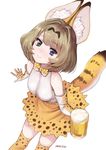  alcohol alternate_costume animal_ears artist_name bare_shoulders beer_mug blue_eyes blush bow bowtie brown_hair commentary_request cosplay cup elbow_gloves from_above gloves green_eyes heterochromia holding holding_cup idolmaster idolmaster_cinderella_girls kemono_friends looking_at_viewer looking_up meto31 mole mole_under_eye serval_(kemono_friends) serval_(kemono_friends)_(cosplay) serval_ears serval_print serval_tail shirt short_hair signature skirt sleeveless smile solo tail takagaki_kaede 