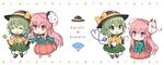  :d :o ^_^ bow bubble_skirt character_name chibi closed_eyes clover commentary_request cup expressionless eyeball face_mask fan folding_fan four-leaf_clover fox_mask frilled_sleeves frills green_eyes green_hair hat hat_bow hat_ribbon hata_no_kokoro heart heart_of_string highres holding holding_hands komeiji_koishi long_hair long_sleeves mask mask_on_head mug multiple_girls noh_mask open_mouth pink_eyes pink_hair plaid plaid_shirt ribbon shirt short_hair sitting skirt smile string third_eye touhou wide_sleeves yada_(xxxadaman) youkai 