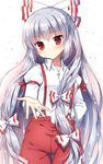  arm_up blush bow closed_mouth fujiwara_no_mokou grey_hair highres long_hair looking_at_viewer mauve outstretched_hand pants red_eyes shirt solo suspenders touhou very_long_hair white_bow white_shirt 
