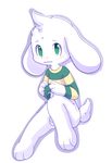  asriel_dreemurr balls blush bottomless caprine clothed clothing clothing_lift cub flaccid fur goat green_eyes humanoid_penis looking_at_viewer male mammal penis quilaru11 shirt shirt_lift simple_background solo undertale video_games white_fur young 