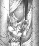  abstract_background anthro belt blindfold braided_hair cat chain clothed clothing cup drapes ears_up feline female hair holding_object inside jewelry looking_up mammal monochrome necklace pan_hesekiel_shiroi pencil_(artwork) restraints robe solo standing traditional_media_(artwork) 