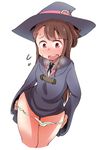  bangs bare_legs blush breasts brown_hair collared_shirt dress eyebrows_visible_through_hair flying_sweatdrops hat heavy_breathing hips houtei_kara kagari_atsuko little_witch_academia long_hair long_sleeves necktie nose_blush open_mouth panties panty_pull pulled_by_self red_eyes shadow shirt short_dress sidelocks simple_background small_breasts smile solo standing sweat teeth thighs underwear undressing white_background white_panties wide_sleeves witch_hat 