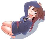  bangs bare_legs barefoot blush breasts brown_hair collared_shirt dress eyebrows_visible_through_hair houtei_kara kagari_atsuko little_witch_academia long_hair long_sleeves lying necktie on_back open_mouth red_eyes shadow shirt sidelocks simple_background small_breasts smile solo teeth thighs white_background wide_sleeves 