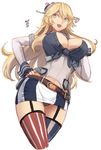  american_flag_legwear bare_shoulders black_panties blonde_hair blue_eyes breasts cleavage cowboy_shot detached_sleeves elbow_gloves fairy_(kantai_collection) fingerless_gloves from_below front-tie_top garter_straps gloves hair_between_eyes hand_on_hip hand_on_own_chest iowa_(kantai_collection) kantai_collection large_breasts long_hair looking_to_the_side minigirl miniskirt mismatched_legwear open_mouth panties pantyshot pantyshot_(standing) skirt solo standing star star-shaped_pupils striped striped_legwear symbol-shaped_pupils thighhighs thighs underwear utopia vertical-striped_legwear vertical_stripes 