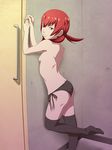  back banryuu_reoko black_legwear bubuki_buranki door itou_nobuhiro leg_up long_hair looking_at_viewer looking_back panties red_eyes red_hair short_twintails side-tie_panties smile solo topless twintails underwear 