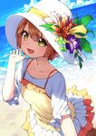  :d absurdres beach blue_sky brown_hair camisole camisole_over_clothes cloud day flower frilled_skirt frilled_sleeves frills hat hat_flower hat_leaf hat_ribbon highres hoshizora_rin looking_at_viewer love_live! love_live!_school_idol_project ocean okarin_(tennisofoka) open_mouth orange_flower outdoors pink_flower purple_flower ribbon shaded_face shirt short_hair short_sleeves skirt sky smile solo spaghetti_strap sun_hat white_hat white_shirt white_skirt yellow_eyes yellow_ribbon 