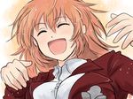  :d blush buttons charlotte_e_yeager closed_eyes dress_shirt happy jacket light_particles long_hair long_sleeves military military_uniform mishiro_shinza open_mouth orange_hair shirt smile solo strike_witches uniform upper_body world_witches_series 