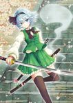  bangs black_bow black_hairband black_legwear black_neckwear black_ribbon blue_eyes bow bowtie cherry_blossoms frills furapechi glint green_skirt green_vest hair_ribbon hairband holding holding_sword holding_weapon katana konpaku_youmu konpaku_youmu_(ghost) long_sleeves looking_at_viewer miniskirt petals petticoat pleated_skirt ribbon scabbard sheath short_hair silver_hair skirt skirt_set solo stairs sword thighhighs touhou vest weapon zettai_ryouiki 