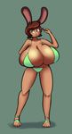  anthro big_breasts bikini breasts brown_fur brown_hair buckteeth cleavage clothed clothing female fur green_background hair huge_breasts hyper hyper_breasts keijimatsu lagomorph mammal rabbit simple_background smile solo swimsuit teeth yellow_eyes 