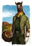  anthro belt blue_eyes brown_hair c.t.elder clothed clothing equine ethan_(sf) hair horse kerchief male mammal semper_fi shirt sky solo standing 
