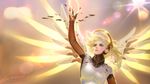  2016 arm_up backlighting blonde_hair blue_eyes blurry blurry_background bodysuit breasts brown_background dated eyelashes glowing glowing_wings lens_flare light light_smile mechanical_halo mechanical_wings medium_breasts mercy_(overwatch) messy_hair nose overwatch pink_lips signature solo spread_wings upper_body wings yellow_wings yu-han_chen 