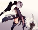  ass back_cutout bangs black_dress black_gloves black_hairband black_legwear breasts broadsword cowboy_shot dress drone feather-trimmed_sleeves floating from_above from_behind gloves gradient gradient_background hairband huge_weapon juliet_sleeves katana legs_together long_sleeves machinery medium_breasts nier_(series) nier_automata no_panties outstretched_arms pod_(nier_automata) puffy_sleeves robot short_dress short_hair shoulder_blades side_slit signature silver_hair solo standing sword thighhighs turtleneck ukimesato vambraces weapon weapon_on_back yorha_no._2_type_b 