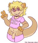  &lt;3 &lt;3_eyes alternate_version_available clothing english_text flaccid flat_colors front_view hand_on_hip humanoid_penis legwear looking_at_viewer male mammal mustelid navel open_mouth otter otto_the_ott partially_retracted_foreskin penis pink_eyes shirt signature smile solo standing t-shirt text themonstarmash uncut v_sign 