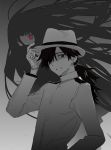  1boy 1girl fate/grand_order fate_(series) floating gradient gradient_background grey_background greyscale hair_over_one_eye hand_on_headwear hand_up hat hirota_tsuu jacket long_hair long_sleeves looking_at_viewer monochrome one_eye_covered oryou_(fate) ponytail red_eyes sakamoto_ryouma_(fate) smile spot_color 