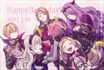  3girls ^_^ armor blonde_hair bouquet bow brother_and_sister brothers camilla_(fire_emblem_if) cape closed_eyes crown drill_hair earrings elise_(fire_emblem_if) female_my_unit_(fire_emblem_if) fire_emblem fire_emblem_if flower gloves hair_ornament hair_over_one_eye happy_birthday hiyori_(rindou66) jewelry leon_(fire_emblem_if) long_hair marks_(fire_emblem_if) multiple_boys multiple_girls my_unit_(fire_emblem_if) open_mouth pink_bow pointy_ears purple_hair siblings silver_hair sisters smile sparkle tiara twin_drills 