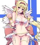  ass_visible_through_thighs asymmetrical_hair bare_shoulders bikini blonde_hair blush bow bow_bikini bracelet breasts cleavage clenched_hands collarbone cowboy_shot eyebrows_visible_through_hair feathered_wings fingernails hair_between_eyes hair_bow hair_ornament hair_tie hairband halterneck hands_up head_tilt highres jewelry large_breasts long_hair looking_at_viewer low-tied_long_hair midriff multiple_wings navel open_mouth pointy_ears ragnarok_online red_bikini red_bow red_hairband senra_banshou seraph sidelocks smile solo swimsuit thigh_strap tongue very_long_hair wanderer white_wings wings 