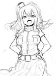  belt breast_pocket cowboy_shot dress greyscale hands_on_hips highres kantai_collection kirigakure_(kirigakure_tantei_jimusho) lineart long_hair looking_at_viewer monochrome neckerchief open_mouth pocket ponytail saratoga_(kantai_collection) side_ponytail sketch solo 